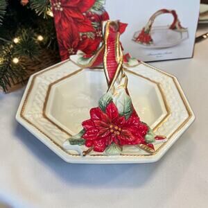 Fitz and Floyd Poinsettia Collection Basket with Handle New in Box Handpainted